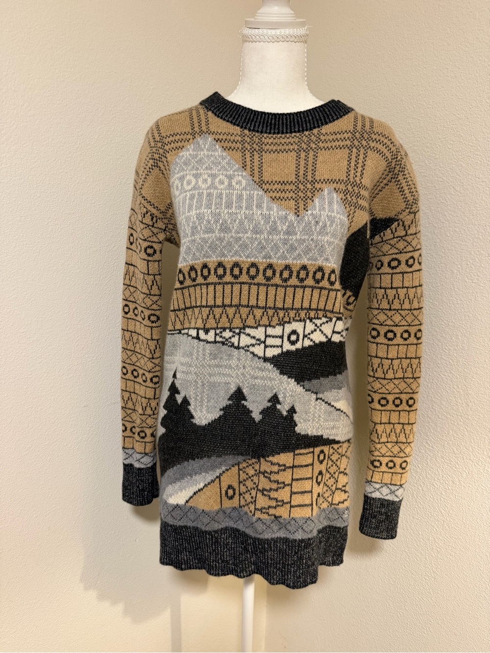 Woolrich Tan Black Gray Scenic Crew Sweater Lambswool 🐑 Aspen Mountain Classy